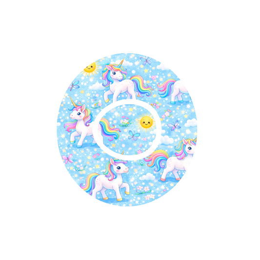 Unicorn Sky CGM patch for Dexcom One+ — unicorn with butterflies and sparkles on blue
