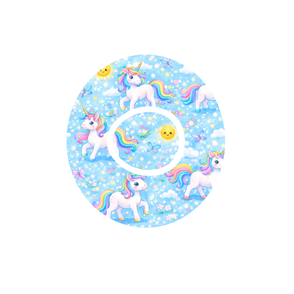 Circular design Unicorn design with butterflies and sparkles on a blue sunny background fits CGM  Dexcom One+ and G7 device.