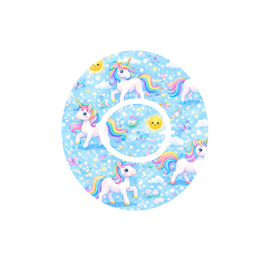 Circular design Unicorn design with butterflies and sparkles on a blue sunny background fits CGM  Dexcom One+ and G7 device.