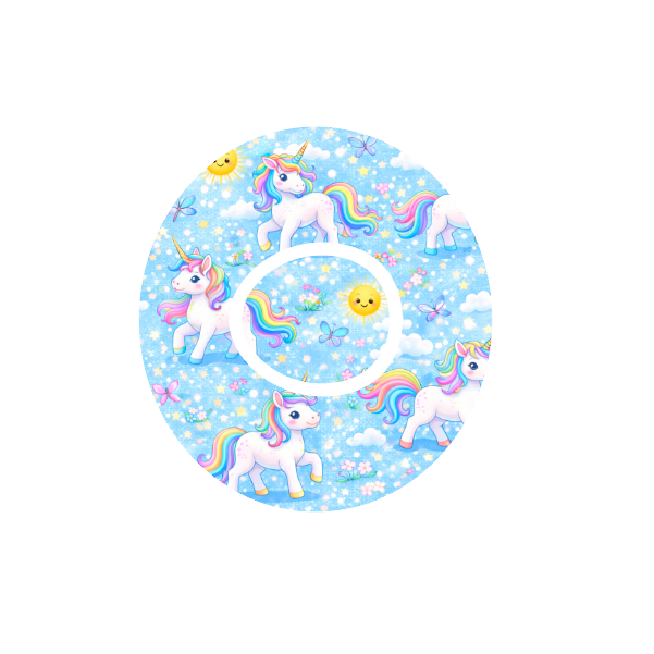 Unicorn Sky CGM patch for Dexcom G7 — unicorn with butterflies and sparkles on blue