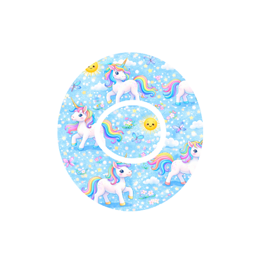 Circular design Unicorn design with butterflies and sparkles on a blue sunny background fits CGM  Dexcom One+ and G7 device.