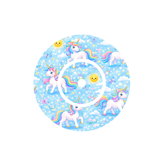 Circular design Unicorn design with butterflies and sparkles on a blue sunny background fits CGM  FreeStyle Libre 2 device.
