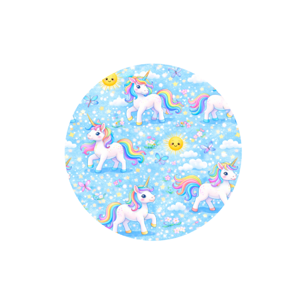 Unicorn Sky Hug Patch featuring colourful unicorns, clouds and rainbows compatible with Medtronic Guardian 4 CGM by Stick By Me