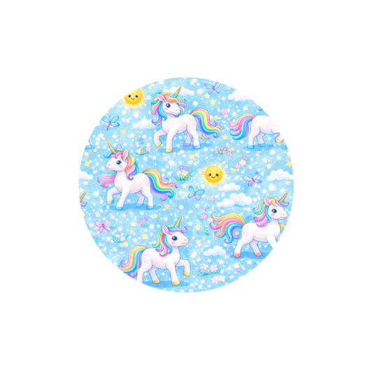 Unicorn Sky Hug Patch featuring colourful unicorns, clouds and rainbows compatible with Medtronic Guardian 4 CGM by Stick By Me