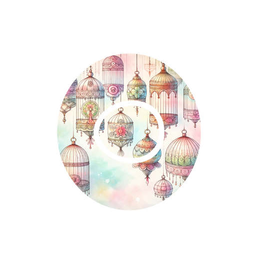 Vintage Cage CGM patch for Dexcom One+ — colourful vintage birdcages on pastel background