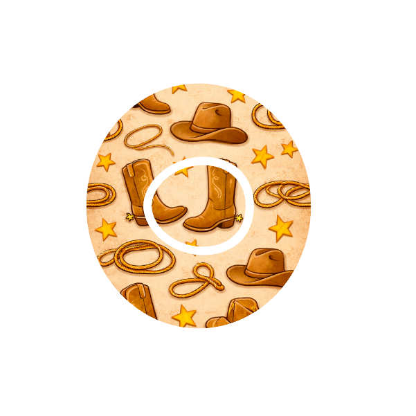 Western Icons CGM patch for Dexcom One+ — cowboy boots, hats and lassos on beige