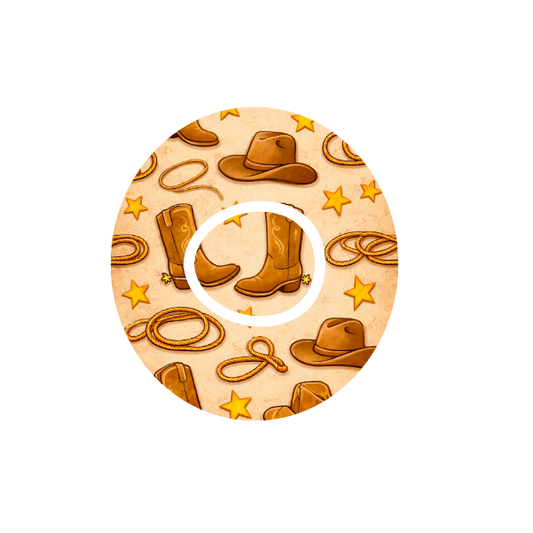 Western Icons CGM patch for Dexcom One+ — cowboy boots, hats and lassos on beige