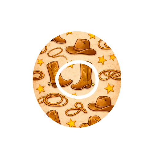 Circular design with cowboy boots, hats, and lassos on a beige background fits CGM Dexcom One+ and G7 device.