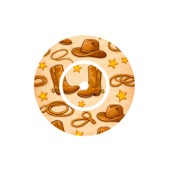 Circular design with cowboy boots, hats, and lassos on a beige background fits CGM FreeStyle Libre 2 device.