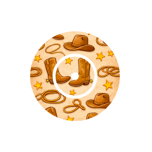 Circular design with cowboy boots, hats, and lassos on a beige background fits CGM FreeStyle Libre 2 device.