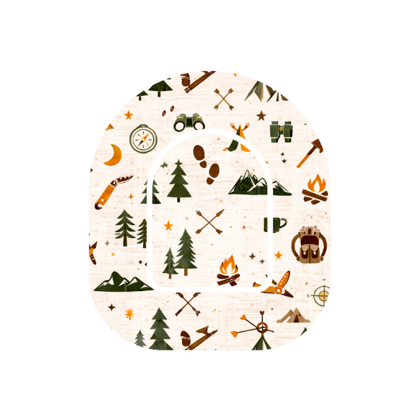 Camping Outdoors patch for Omnipod Insulin Pump — tents, axe, fire and backpack icons on stone white