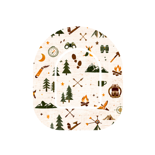 Camping Outdoors patch for Omnipod Insulin Pump — tents, axe, fire and backpack icons on stone white